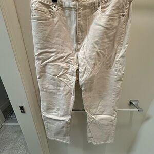 LOFT Cropped Straight Cream Denim Frayed Hem Pants